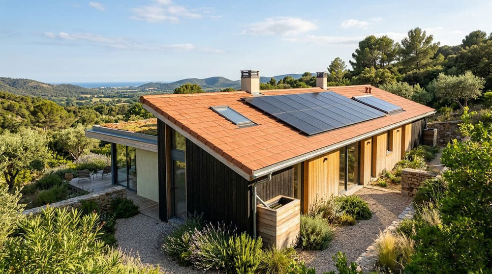 Una casa moderna en una colina mediterránea con una cubierta sostenible que presenta tejas de cerámica, paneles solares integrados, un colector solar térmico y una extensión de techo verde, todo integrado en un paisaje natural con vistas al mar.