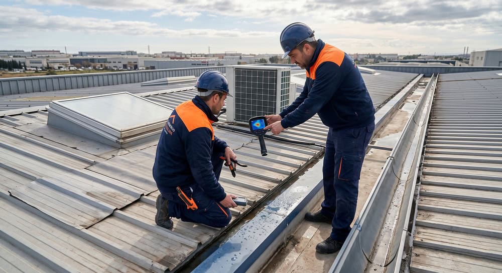 Inspección técnica en cubierta industrial de Cubiertas Galaico Catalana para diagnosticar el origen de humedades mediante cámara térmica, diferenciando goteras por filtración de problemas de condensación.