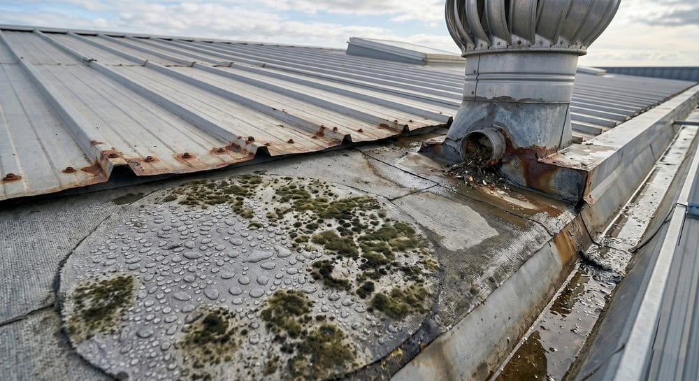 Fotografía detallada del interior de un techo industrial de metal, mostrando grandes gotas de agua acumuladas en la superficie inferior y parches visibles de moho oscuro debido a la condensación y mala ventilación. Se aprecia el contraste entre las gotas líquidas y las manchas de humedad difusas.