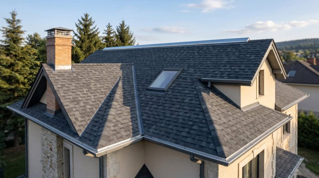 Tejado de una vivienda con shingles de asfalto gris oscuro, caballete ventilado, claraboya y chimenea, recién instalado por Cubiertas Galaico Catalana.