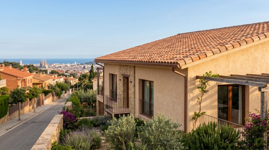 Fachada de una vivienda moderna en una colina de Barcelona con tejado de tejas de terracota recién instaladas, canalones metálicos y un jardín mediterráneo con lavanda y buganvillas, con vistas panorámicas de la ciudad y el mar.