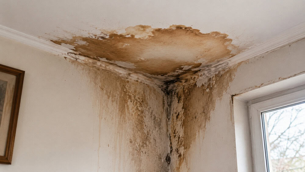 Filtración de agua en techo y pared con manchas de humedad, una señal clara de que el tejado necesita reparación o cambio.