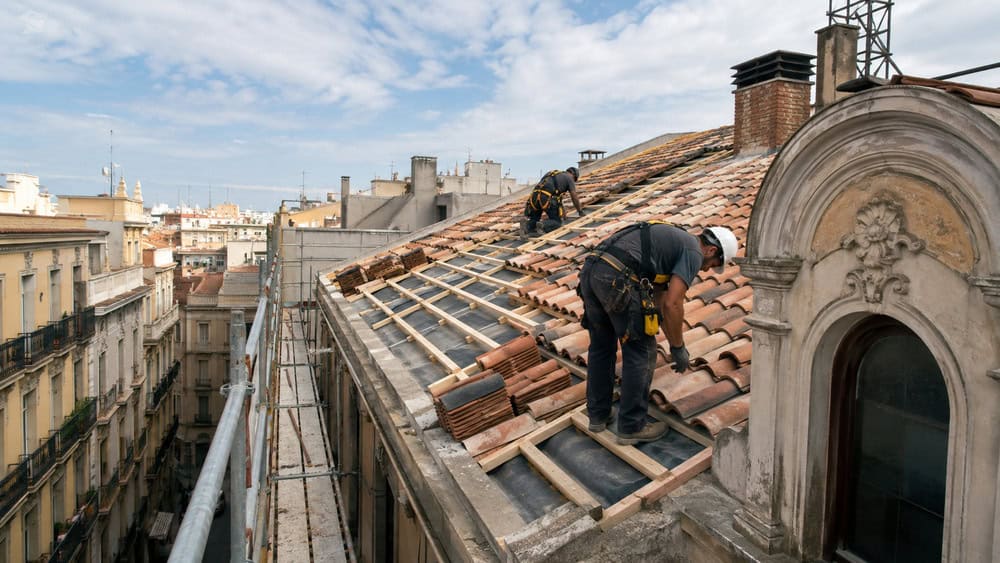 Reforma del tejado y la cubierta de una casa antigua en Barcelona con sustitución de tejas y mejora del aislamiento.